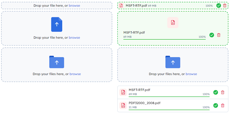 From top to bottom: compact File control, full size File control, File Upload Area.