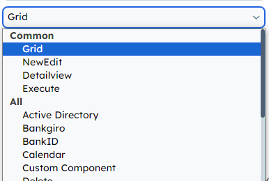 Dropdown displaying components grouped under Common and All groups