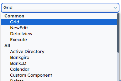 Dropdown displaying components grouped under Common and All groups