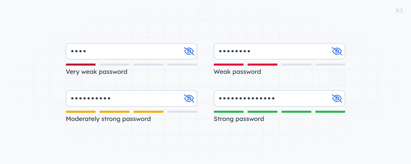 Four password fields with corresponding password strength.